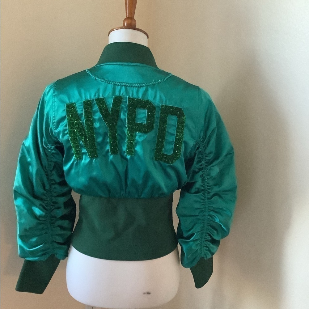 Aviva on Earth Women’s Jacket Size 34 Green Satin Feel Bomber NYPD Zip Up